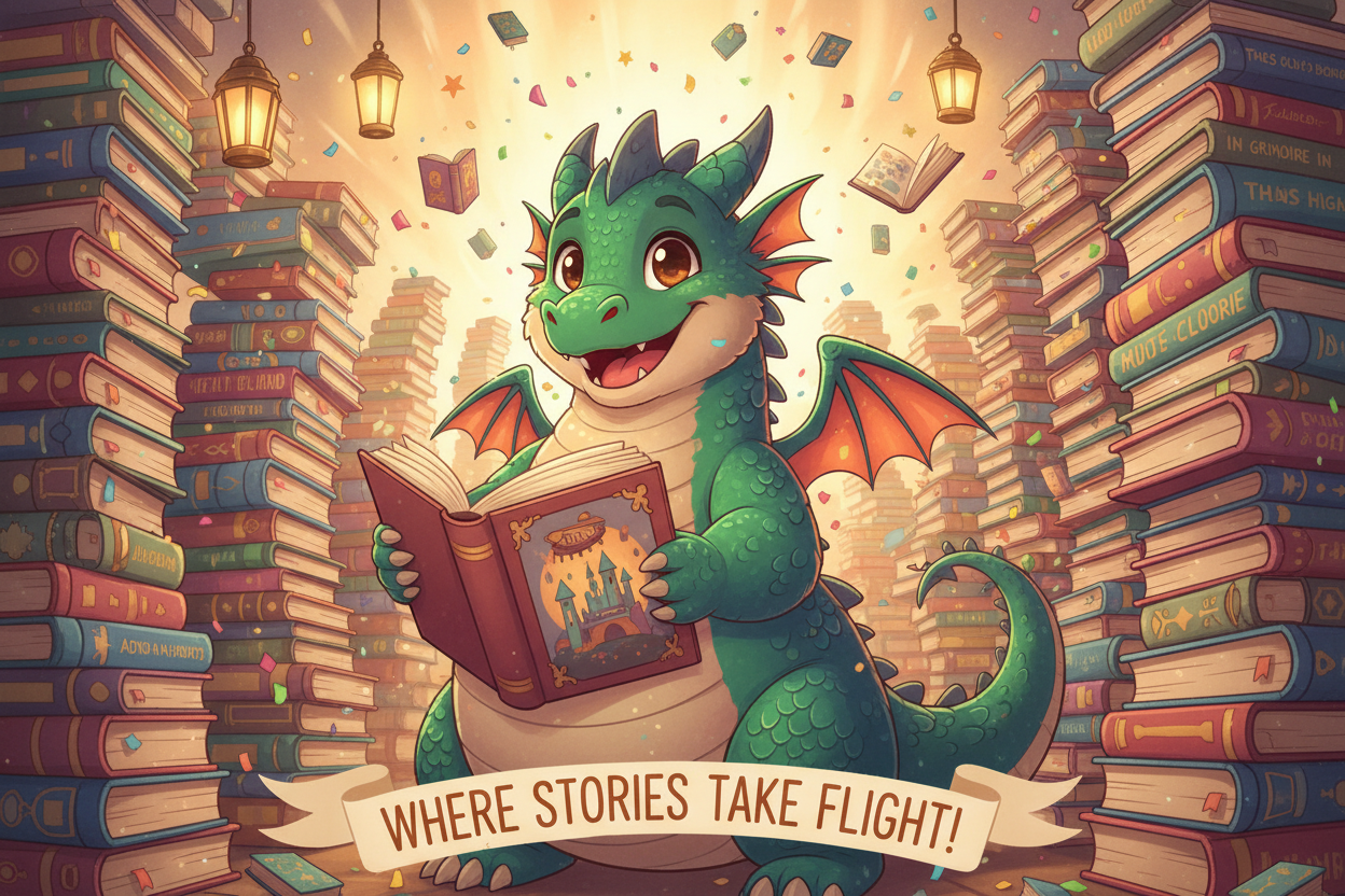 Colourful cartoon dragon selling books